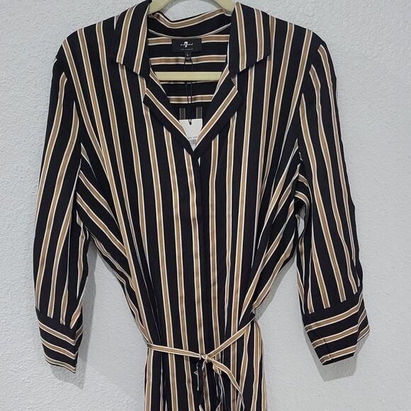 7 For All Mankind Large Striped Midi Dress MIDNIGHT NAVY/GOLD/WHITE STRIPES NWT - Picture 4 of 9